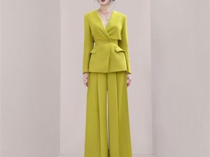 Bright Color V-neck Waisted Top High Waisted Pressed Pleated Wide Leg Pants Two-piece Set