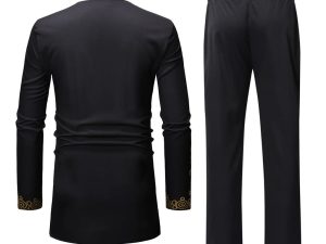 African Men's Formal Clothes Gold Print Dashiki Shirt and Pants 2 Piece Attire Traditional Long Sleeve Outfits Tracksuit
