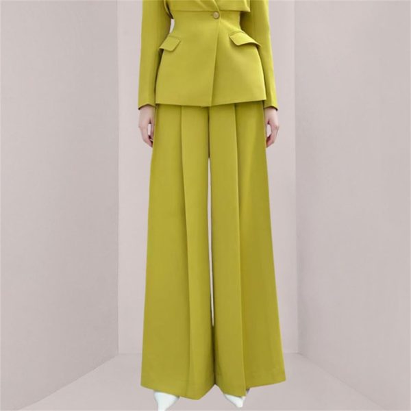 51AdFDoTgNL.jpg Bright Color V-neck Waisted Top High Waisted Pressed Pleated Wide Leg Pants Two-piece Set