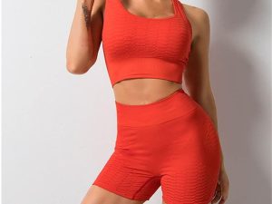 Yoga Bra Female European and American Seamless Vest High Waist Peach Hip Shorts Sports Fitness Set(Large)