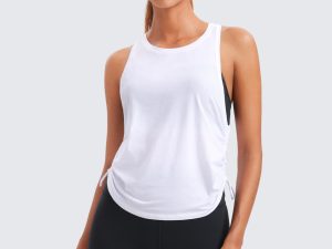 Pima Cotton Women Racerback Sleeveless Workout Tops Crew Neck Ruched Side Tanks Athletic Casual Loose Shirts