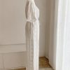 615XITFq4gL.jpg Women's Embroidered Cotton Set - White Hollow Out Shirt & Elastic Waist Pants