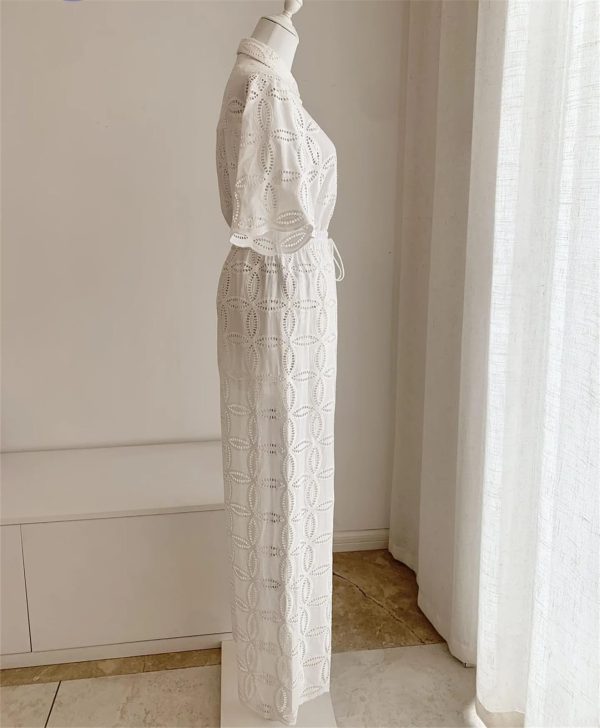 615XITFq4gL.jpg Women's Embroidered Cotton Set - White Hollow Out Shirt & Elastic Waist Pants