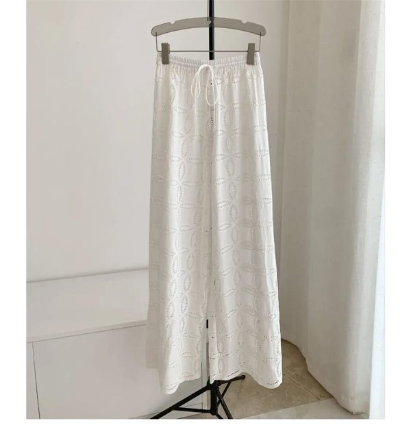 6163CsNLtL.jpg Women's Embroidered Cotton Set - White Hollow Out Shirt & Elastic Waist Pants