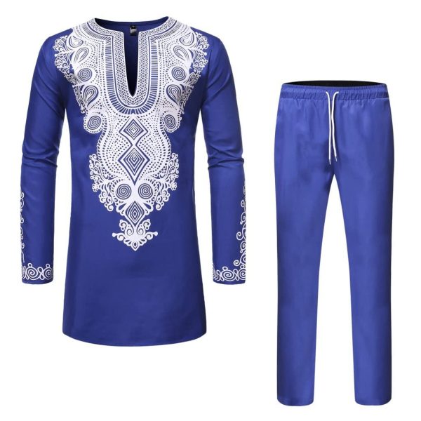African Men's Party Suit Clothes 2 Pieces Set Dashiki Shirt and Pant Tracksuit Long Sleeve Outfit Traditional Ethnic Suit