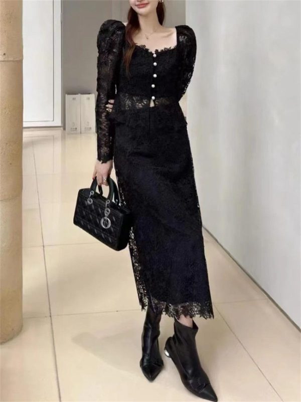 61I9886AxQL.jpg Women's Lace Top Set - Square Neck Long Sleeve & Skirt Casual 2-Piece