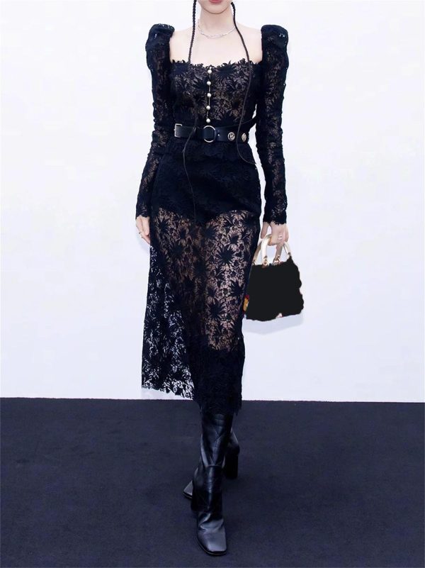 61Lp72uUl2L.jpg Women's Lace Top Set - Square Neck Long Sleeve & Skirt Casual 2-Piece