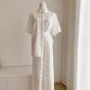 61Pp3xDOfGL.jpg Women's Embroidered Cotton Set - White Hollow Out Shirt & Elastic Waist Pants