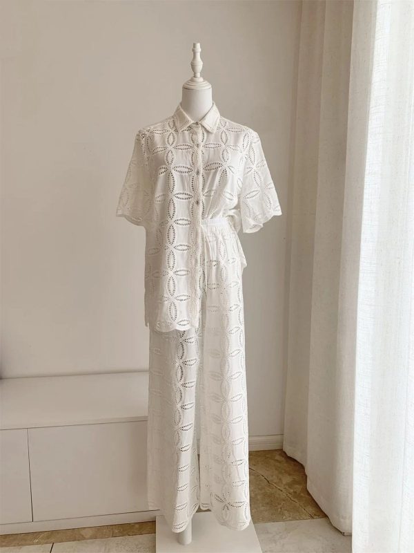 61Pp3xDOfGL.jpg Women's Embroidered Cotton Set - White Hollow Out Shirt & Elastic Waist Pants