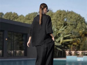 Women's Linen Suit Set - Black Skirt Seven Sleeve Travel Business Ensemble