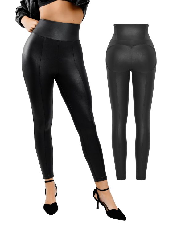 61Squ4m1LeL.jpg Shapewear Leggings Leather Pants - Faux Leather Leggings for Women Tummy Control Hight Waisted Pleather Pants