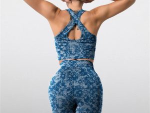 Ladies Yoga Set Seamless Printing Beautiful Back Sports Bra Peach Hip Fitness Set(Small)