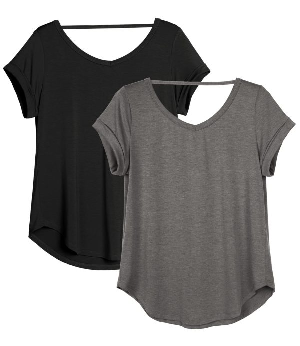 Open Back Yoga Shirts for Women - Exercise Workout Tops, Athletic Short Sleeves, Running T-Shirts Loose Fit