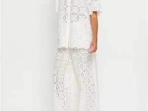 Women's Embroidered Cotton Set - White Hollow Out Shirt & Elastic Waist Pants