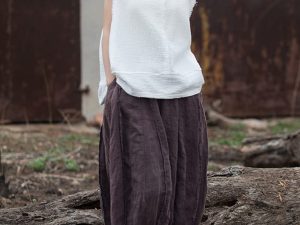 Women Wide Leg Elastic Waist Cotton Linen Distressed Patchwork Pumpkin Style Wide Leg 3/4 Length Cropped Pants