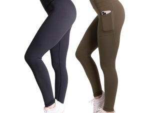 Tummy Control Compression Leggings for Women | High Waisted Workout Yoga Pants (Black + Olive Brown with Pockets, 2XL) Bundle