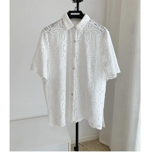 61rrMz5WROL.jpg Women's Embroidered Cotton Set - White Hollow Out Shirt & Elastic Waist Pants