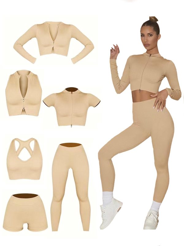 61tA8aPyplL.jpg 6 PCS Workout Sets for Women Ribbed Women's Athletic Clothing Sets Pilates Yoga Outfits Sports Bra Leggings Workout Set