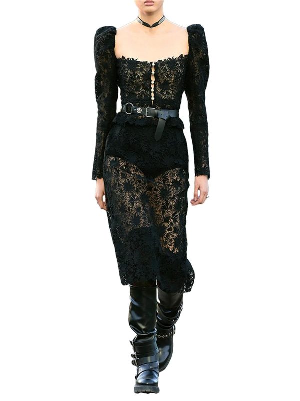 61u92XVyPDL.jpg Women's Lace Top Set - Square Neck Long Sleeve & Skirt Casual 2-Piece