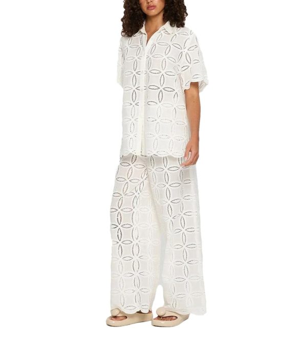 61wtbQInG4L.jpg Women's Embroidered Cotton Set - White Hollow Out Shirt & Elastic Waist Pants