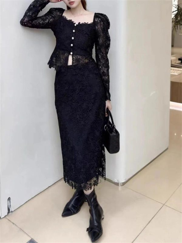 61zkuYcFelL.jpg Women's Lace Top Set - Square Neck Long Sleeve & Skirt Casual 2-Piece