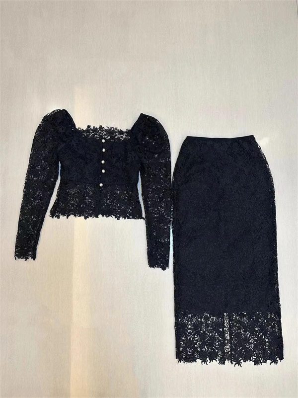 71C3Ipd7rVL.jpg Women's Lace Top Set - Square Neck Long Sleeve & Skirt Casual 2-Piece