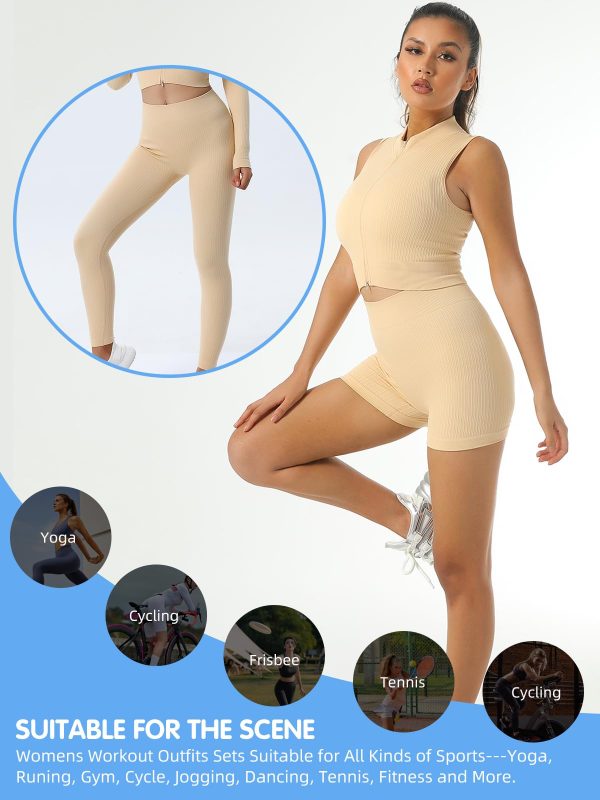 71DC0RgWeWL.jpg 6 PCS Workout Sets for Women Ribbed Women's Athletic Clothing Sets Pilates Yoga Outfits Sports Bra Leggings Workout Set
