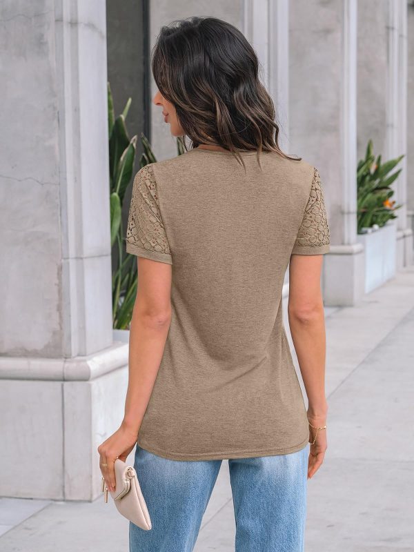 71DbZKgae-L.jpg Women's Short Sleeve Shirts Dressy Lace Summer Tops 2025 Spring Trendy Casual T-Shirts Cute Work Outfits Blouses