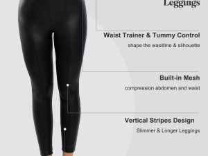 Shapewear Leggings Leather Pants - Faux Leather Leggings for Women Tummy Control Hight Waisted Pleather Pants