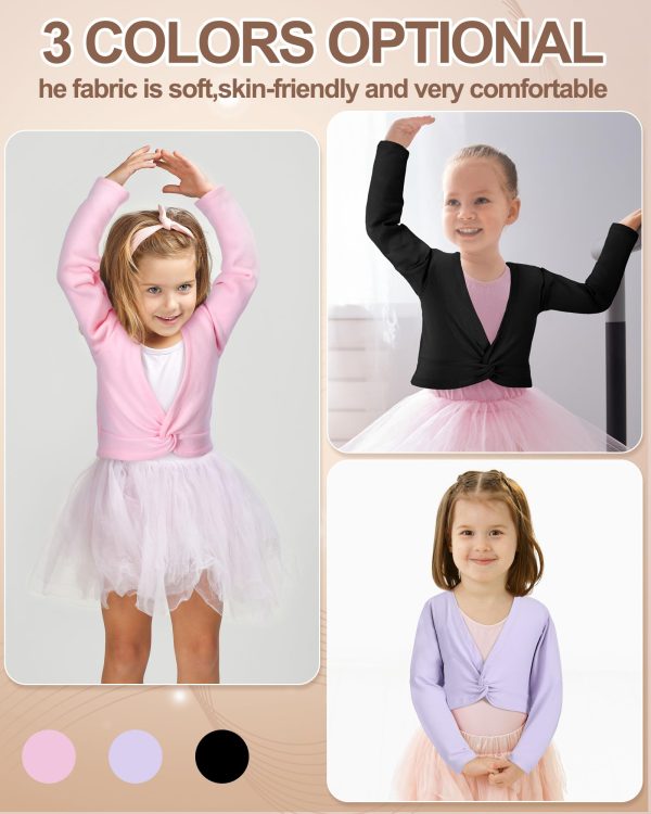 71NHUsE6FyL.jpg 3 Pcs Girls Ballet Wrap Cover up Ballet Top Sweater Cotton Long Sleeve Dance Shrug Dance Leotard for Kids