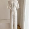 71T6HUlmCXL.jpg Women's Embroidered Cotton Set - White Hollow Out Shirt & Elastic Waist Pants