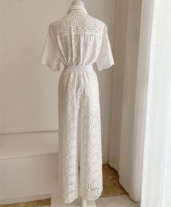 71T6HUlmCXL.jpg Women's Embroidered Cotton Set - White Hollow Out Shirt & Elastic Waist Pants