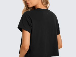 Women's Pima Cotton Workout Short Sleeve Shirts Loose Athletic Crop Tops Gym Casual Cropped T-Shirt