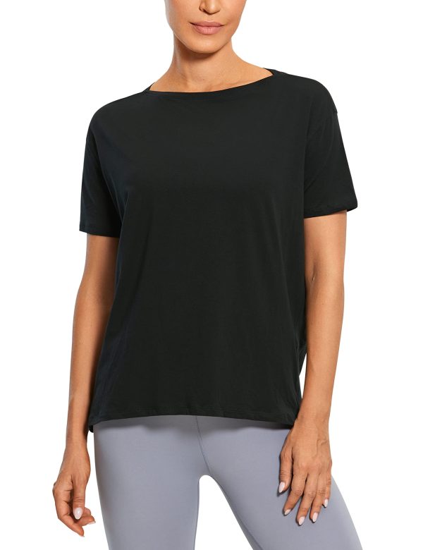 71WFxpPpuTL.jpg Women's Pima Cotton Short Sleeve Shirts Boat Neck Loose Fit Gym Workout T-Shirt Athletic Casual Tops