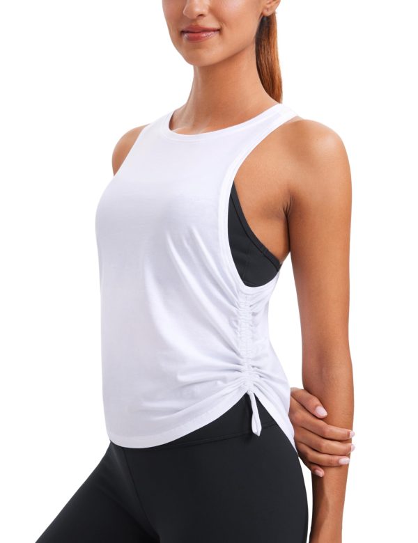 71dfBZ8NbbL.jpg Pima Cotton Women Racerback Sleeveless Workout Tops Crew Neck Ruched Side Tanks Athletic Casual Loose Shirts