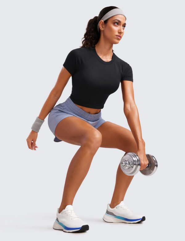 71hGi6oSYL.jpg Seamless Womens Short Sleeve Crop Tops Breathable Slim Fit Gym Workout Shirts Athletic Running Basic Tee Top