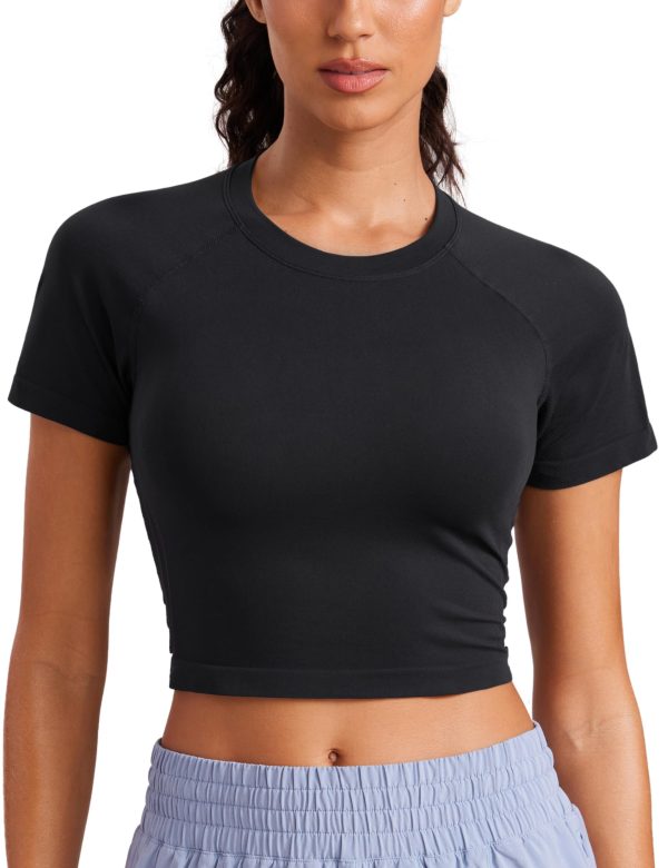 71hoaXPwMtL.jpg Seamless Womens Short Sleeve Crop Tops Breathable Slim Fit Gym Workout Shirts Athletic Running Basic Tee Top