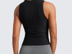 Cloudweight Womens Ruched Tank High Neck Workout Fitted Tops Basic Yoga Athletic Sleeveless Shirts