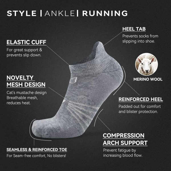 3/6 Pack Men's Women's Merino Wool Ankle Running Sport Soft Thick Cushion Athletic Socks for Walking Light Hiking