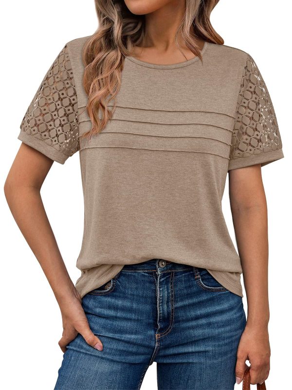 81-upvexsPL.jpg Women's Short Sleeve Shirts Dressy Lace Summer Tops 2025 Spring Trendy Casual T-Shirts Cute Work Outfits Blouses